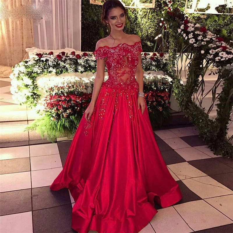 A-line Off-the-shoulder Sleeveless Sweep / Brush Train Stretch Satin Evening Dress With Beading 2