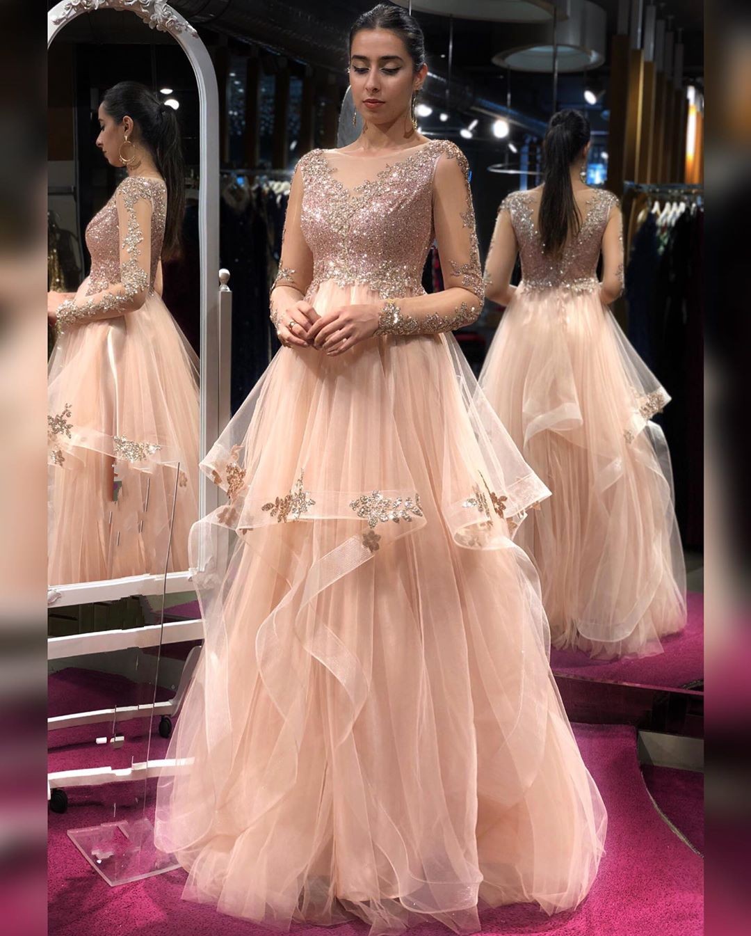 A-line Bateau Neck Long Sleeves Floor-length Tulle Formal Dress With Sequins 2
