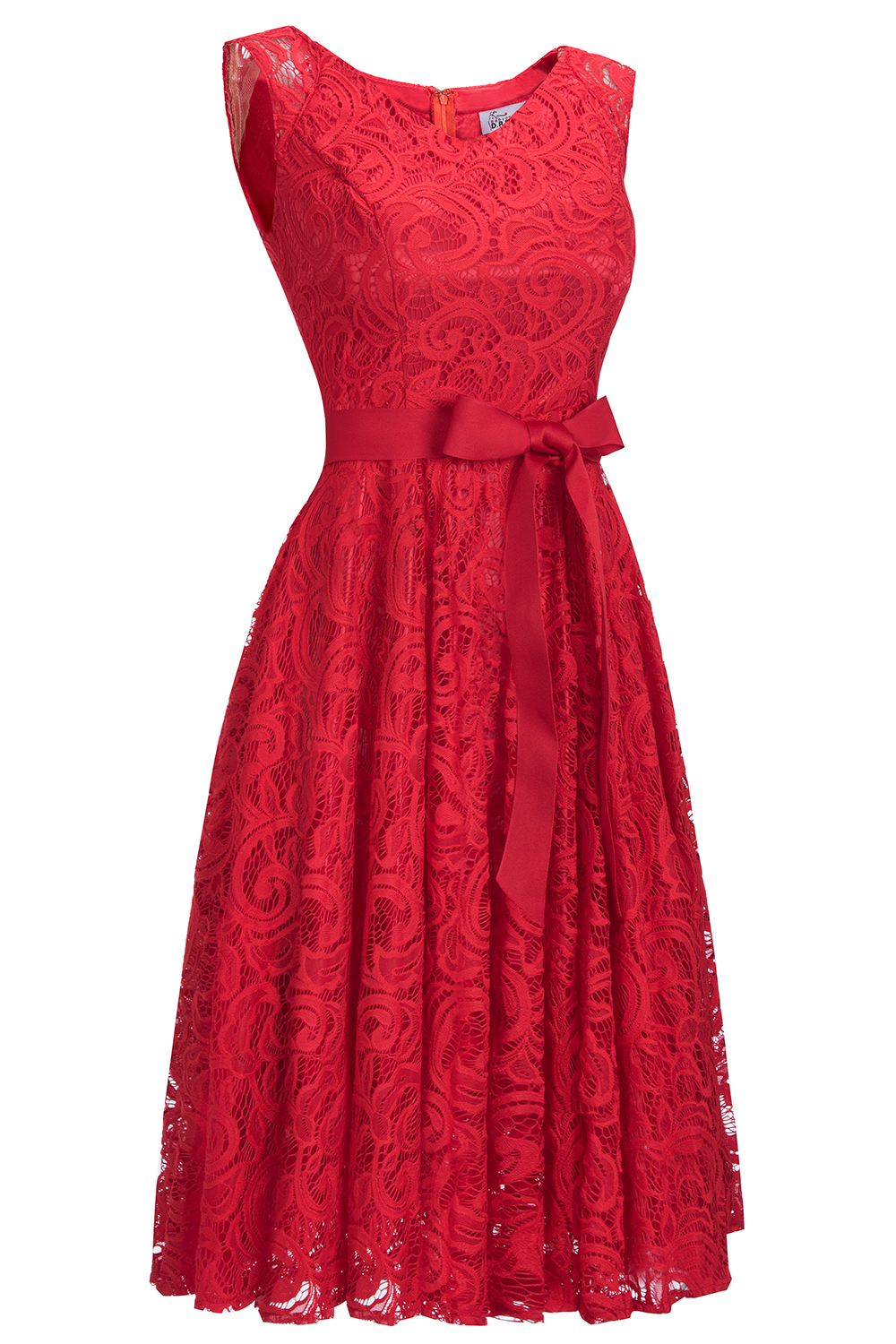 A-line Jewel Neck Sleeveless Knee-length Lace Bridesmaid Outfit With Ribbons 8