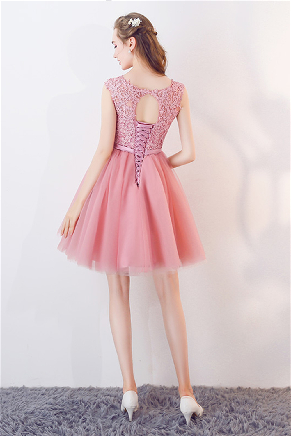Pink Tulle Sleeveless Homecoming Dress with Lace Bowknot 2