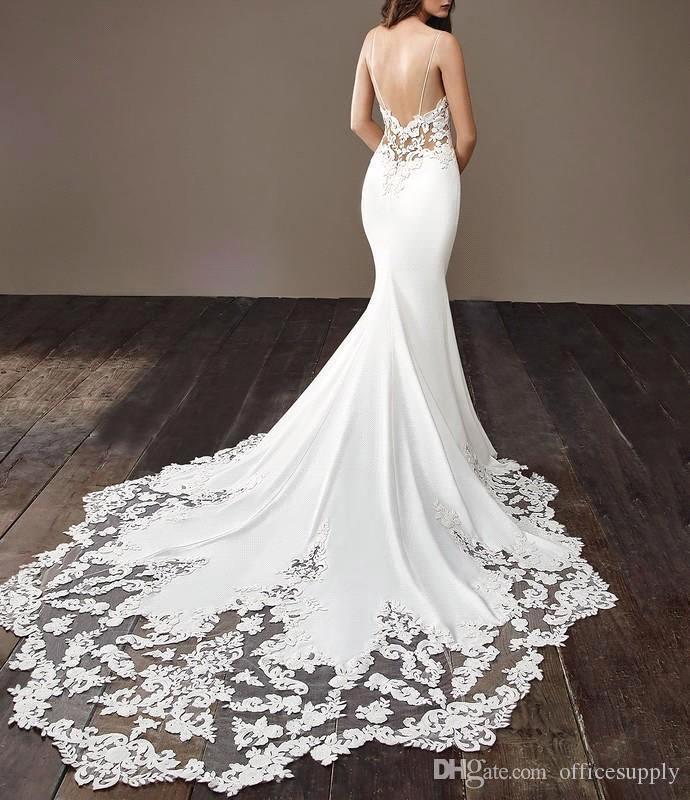 Mermaid Spaghetti Straps V-neck Sleeveless Court Train Tulle Wedding Gown With Lace 8