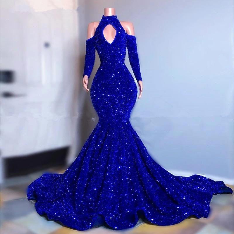 Mermaid Halter-neck Long Sleeves Floor-length Formal Dress With Sequins 2
