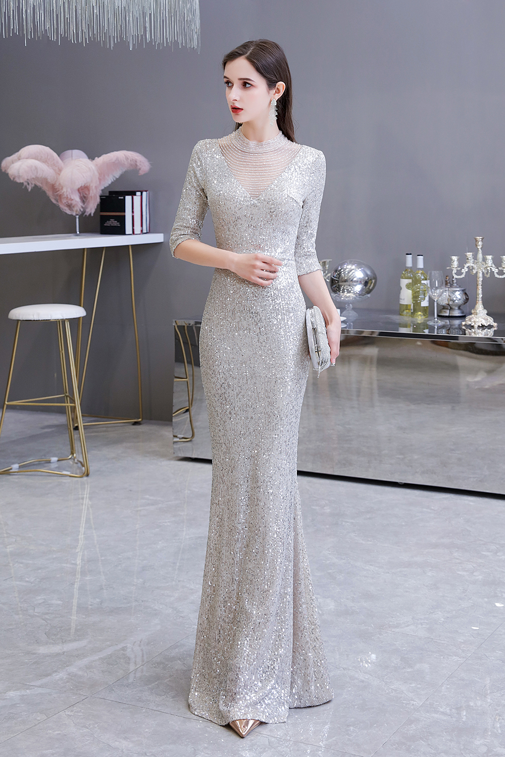 Mermaid Jewel Neck Half-Sleeves Sweep / Brush Train Tulle Evening Gown With Beading 11