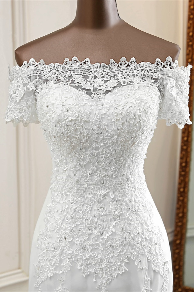 Mermaid Bateau Neck Short Sleeves Floor-length Tulle Wedding Dress With Appliques 5