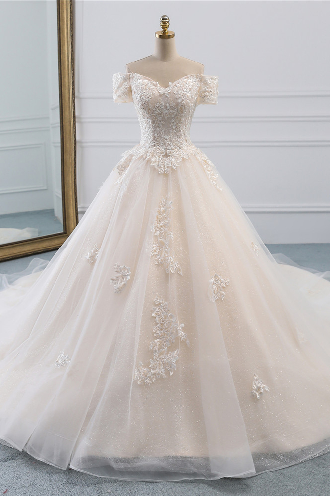 A-line Bateau Neck Short Sleeves Cathedral Train Tulle Wedding Gown With Appliques 1