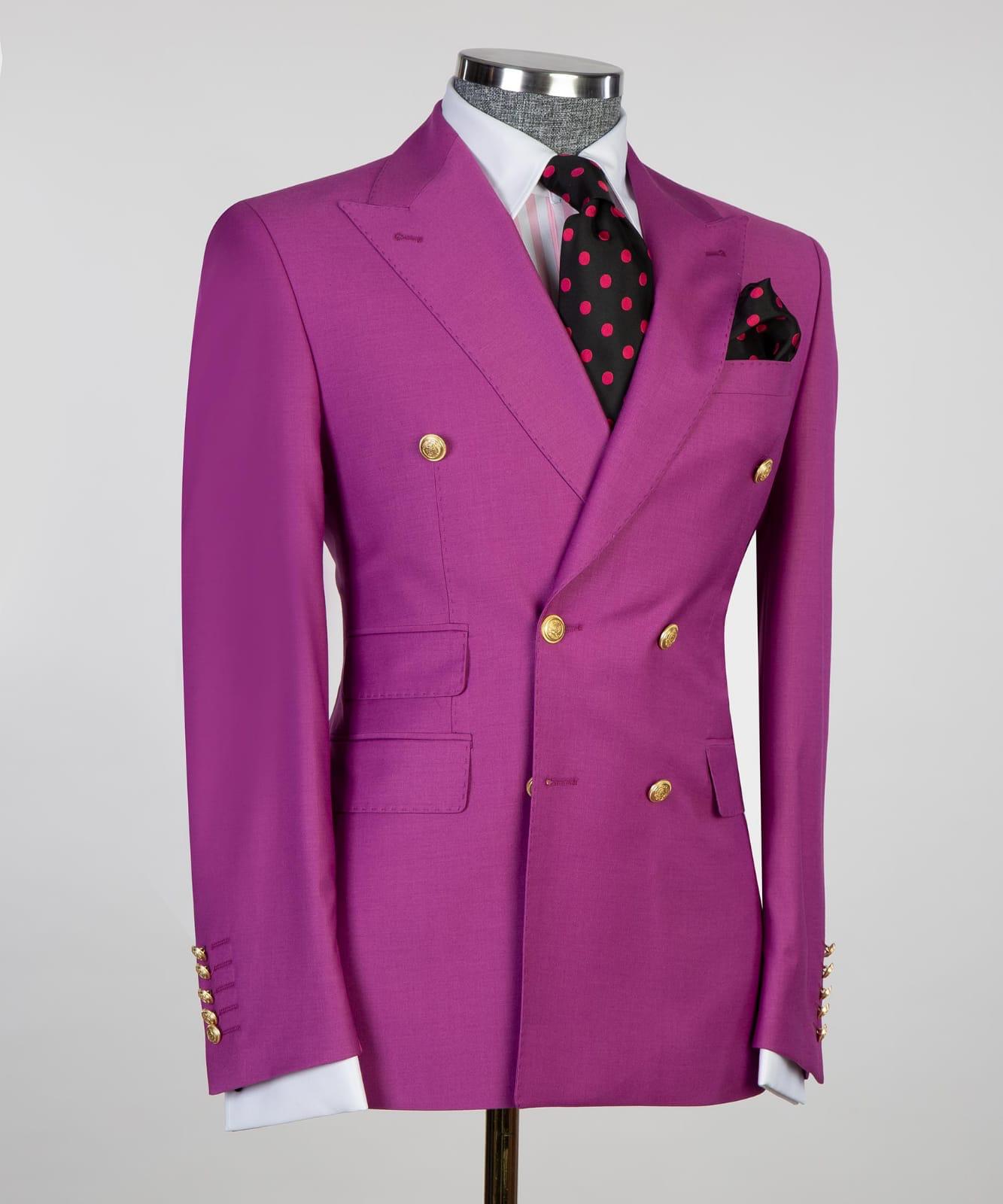 Modern Slim Fit Fuchsia Double Breasted Peaked Lapel Suit with Gold Buttons 3