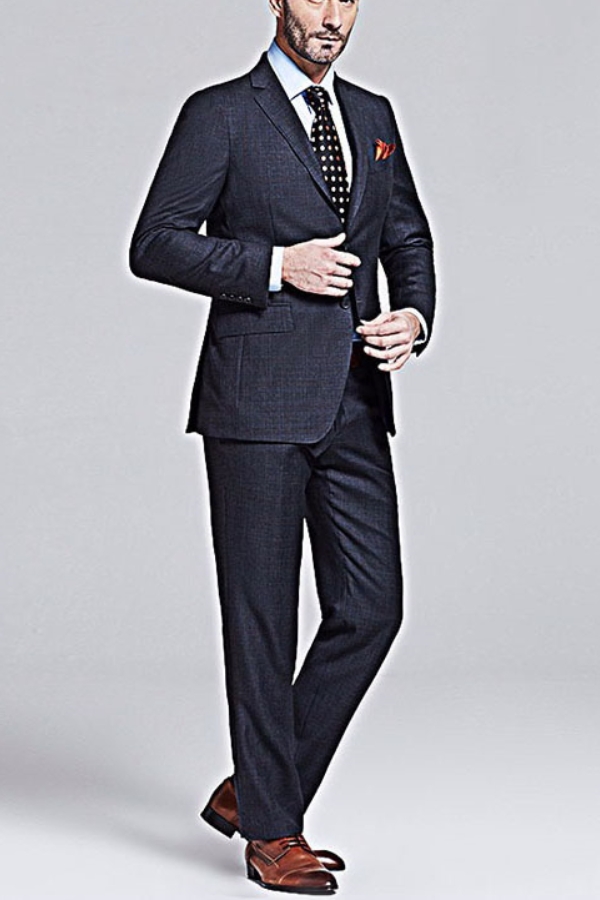 Black Single Breasted Wool Blend Men's Business Suit with manly Grey Grid Peak Lapel 2