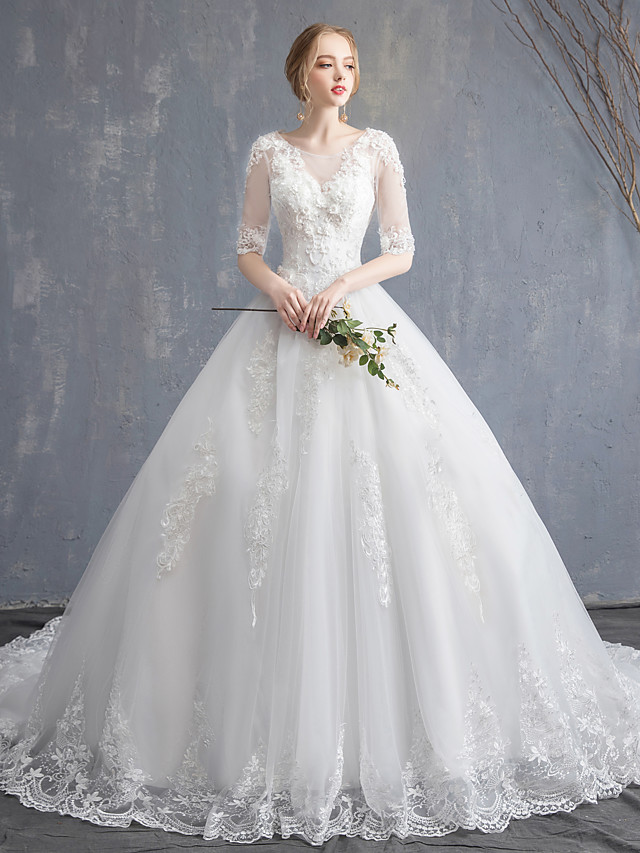 Ball Gown Scoop Neck Half-Sleeves Chapel Train Lace Bridal Gown With Lace 3