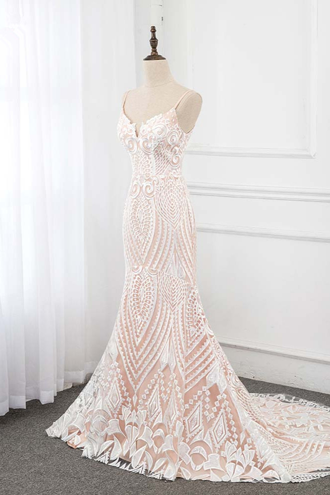 Column Spaghetti Straps V-neck Floor-length Tulle Bridal Dress With Appliques 3