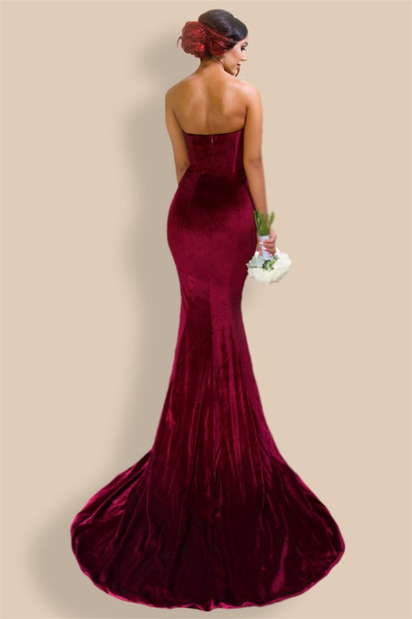 Mermaid Strapless Sleeveless Velvet Evening Dress With Sweep / Brush Train 2