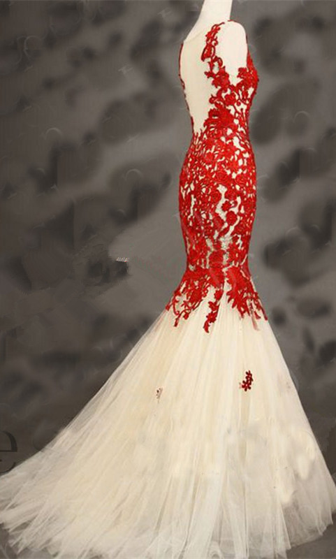 Mermaid Sleeveless Sweep / Brush Train Tulle Evening Gown With Lace 2