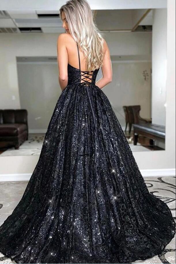 A-line Spaghetti Straps Sleeveless Floor-length Formal Dress With Sequins 2