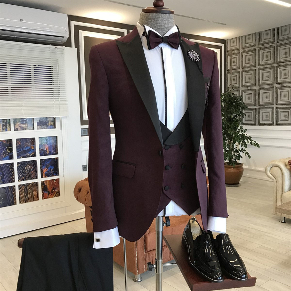 Burgundy Double Breasted Waistcoat Suit with Black Peaked Lapel 2