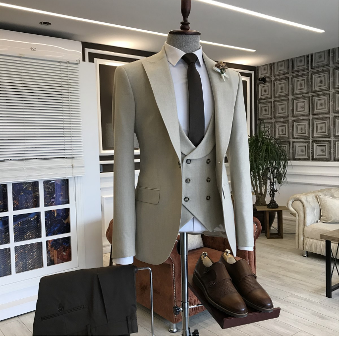 Formal Light Khaki Double Breasted Business Suit 2