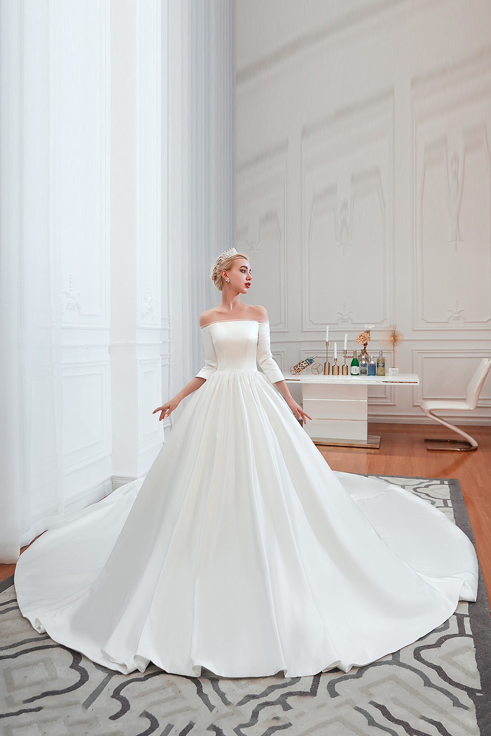 Ball Gown Bateau Neck 3/4-Length Sleeves Floor-length Tulle Wedding Gown With Cathedral Train 11