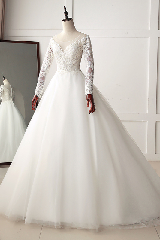 A-line Jewel Neck Long Sleeves Floor-length Tulle Bridal Gown With Appliques 3
