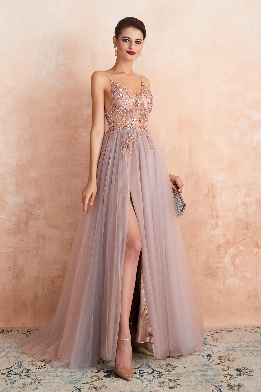 A-line V-neck Sleeveless Sweep / Brush Train Tulle Evening Dress With Sequins 7