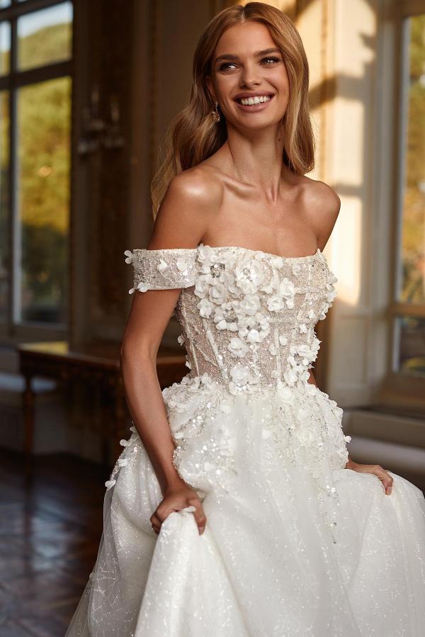 A-line Off-the-shoulder Sleeveless Chapel Train Wedding Dress With Appliques 3