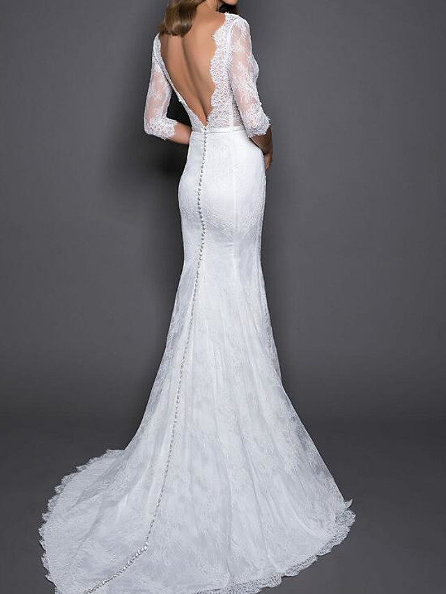 Mermaid V-neck Half-Sleeves Sweep / Brush Train Tulle Bridal Gown With Buttons 2