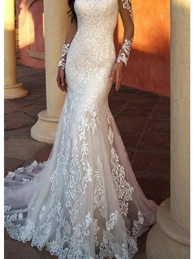 Mermaid Long Sleeves Sweep / Brush Train Lace Wedding Dress With Lace 3
