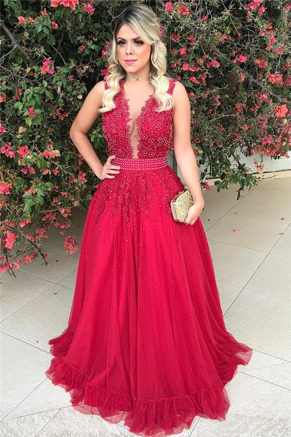 A-line Jewel Neck Sleeveless Sweep / Brush Train Tulle Cocktail Party Dress With Beading 1