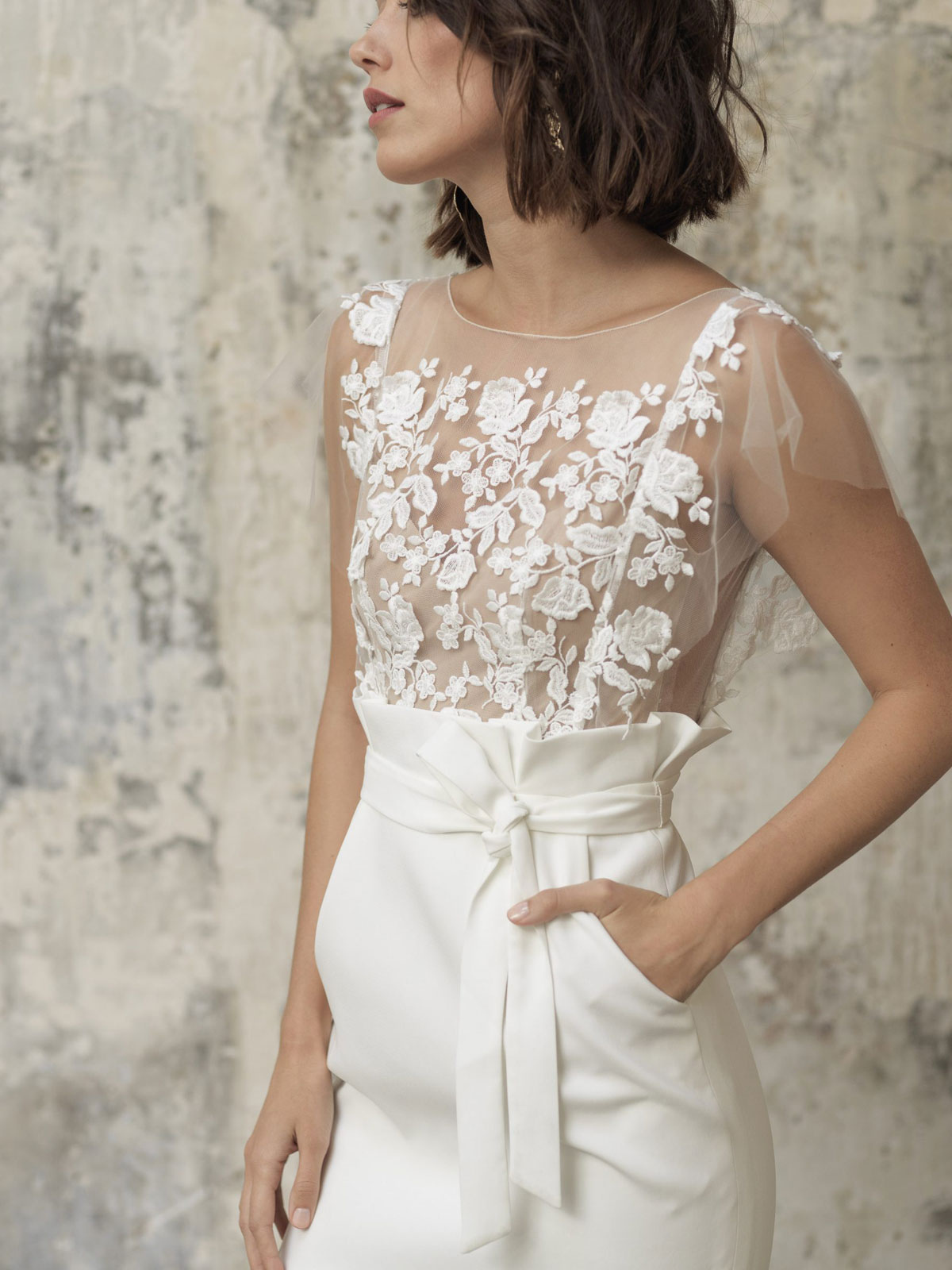 Column Short Sleeves Lace Wedding Gown With Ruffles 2