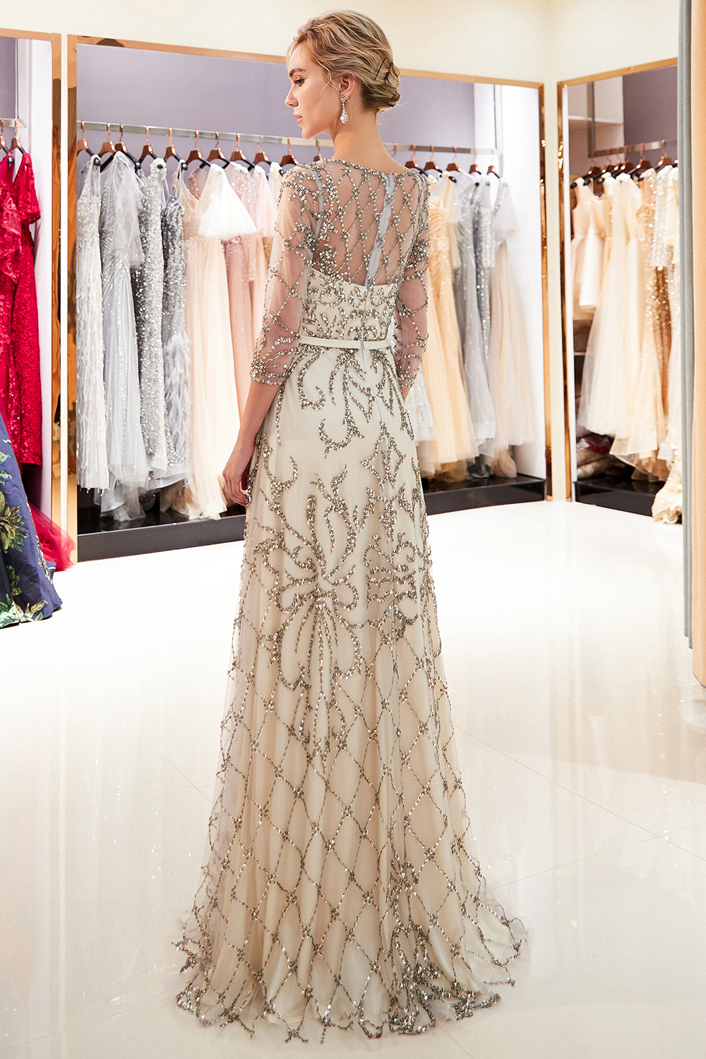 A-line Scoop Neck 3/4-Length Sleeves Sweep / Brush Train Tulle Evening Dress With Crystal 2