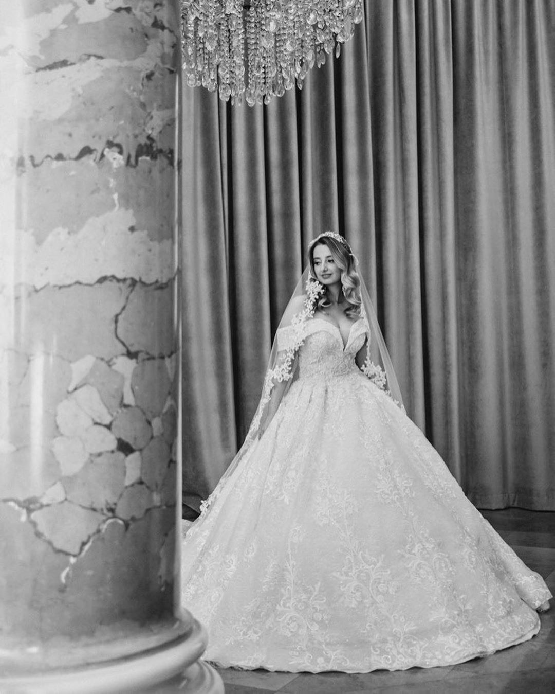 Off-the-shoulder Long Sleeves Court Train Tulle Wedding Gown With Ruffles 6