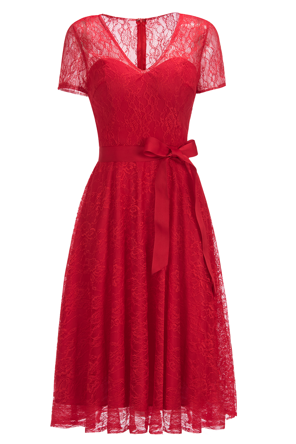 A-line V-neck Short Sleeves Mini Lace Bridesmaid Attire With Ribbons 6