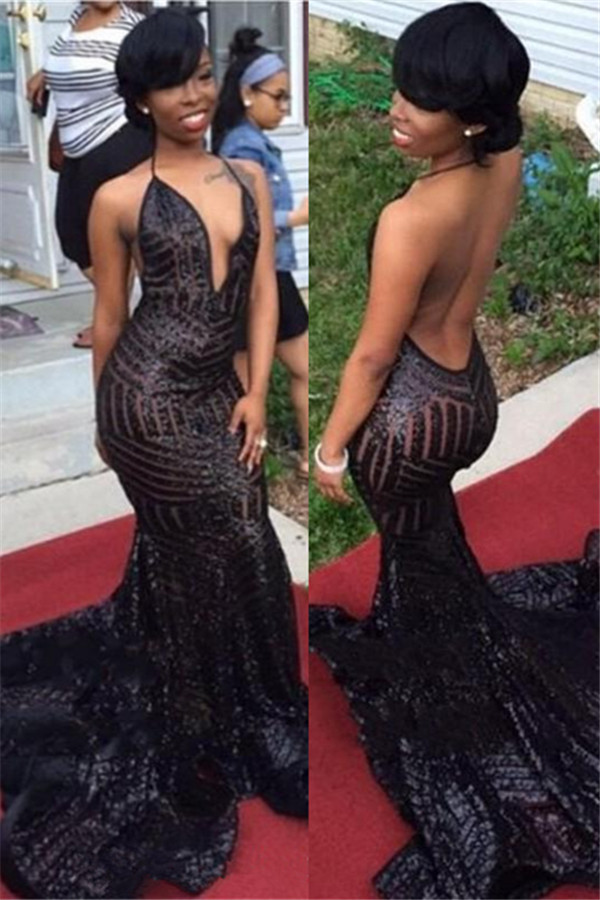 Mermaid V-neck Sleeveless Court Train Formal Dress With Sequins 1