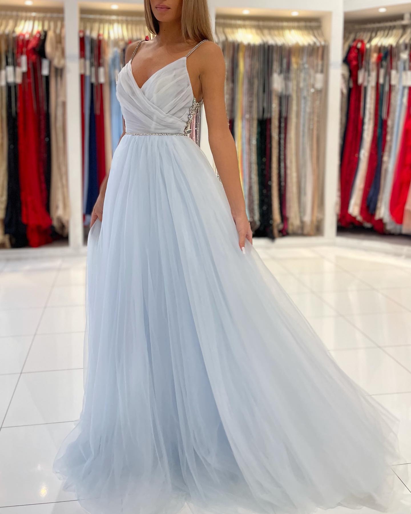 A-line Spaghetti Straps Sleeveless Floor-length Tulle Formal Dress With Ruffles 3
