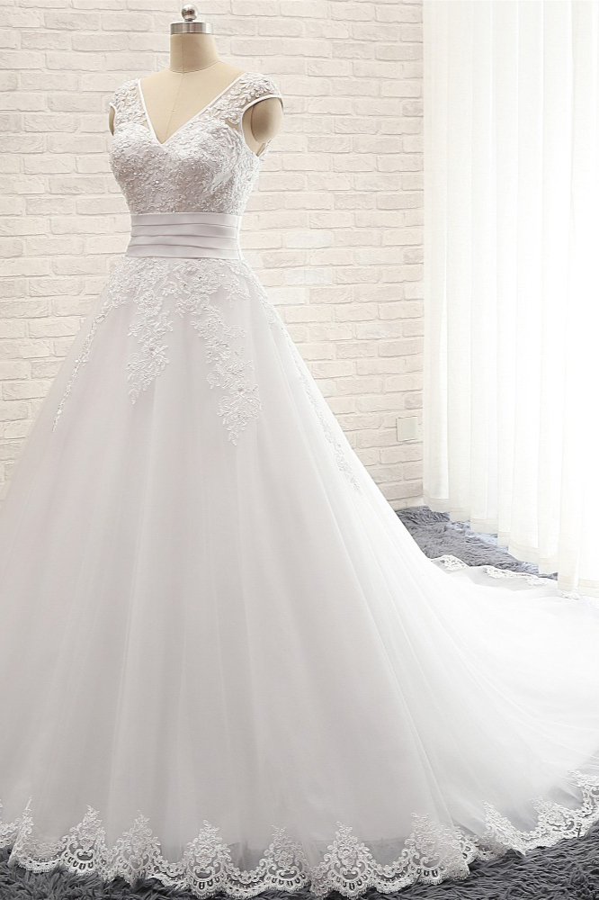 A-line Straps V-neck Court Train Tulle Wedding Gown With Appliques 3