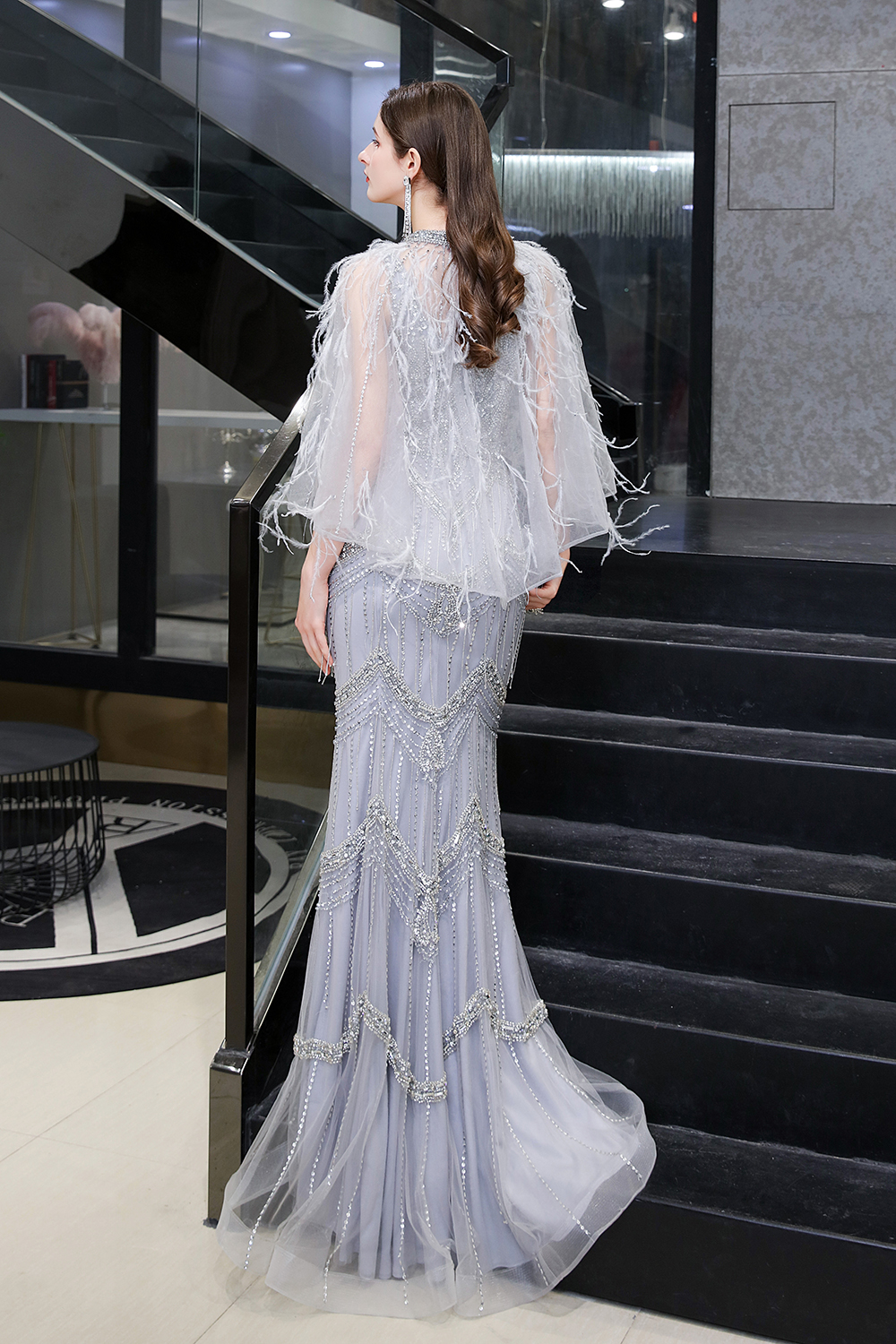 Mermaid V-neck Sleeveless Court Train Tulle Evening Gown With Feathers 16