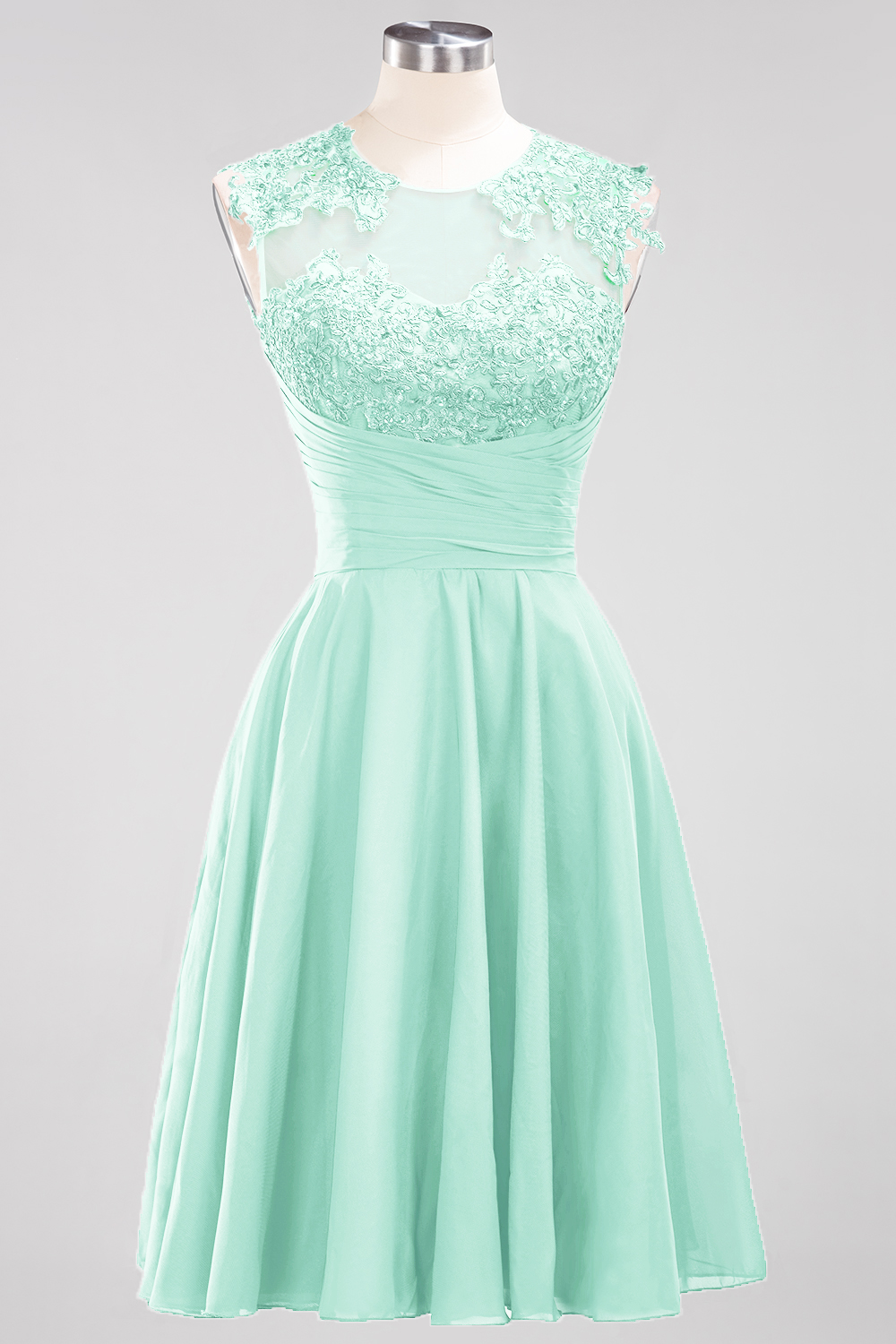 A-line Jewel Neck Sleeveless Knee-length 100D Chiffon Bridesmaid Dress With Appliques 35