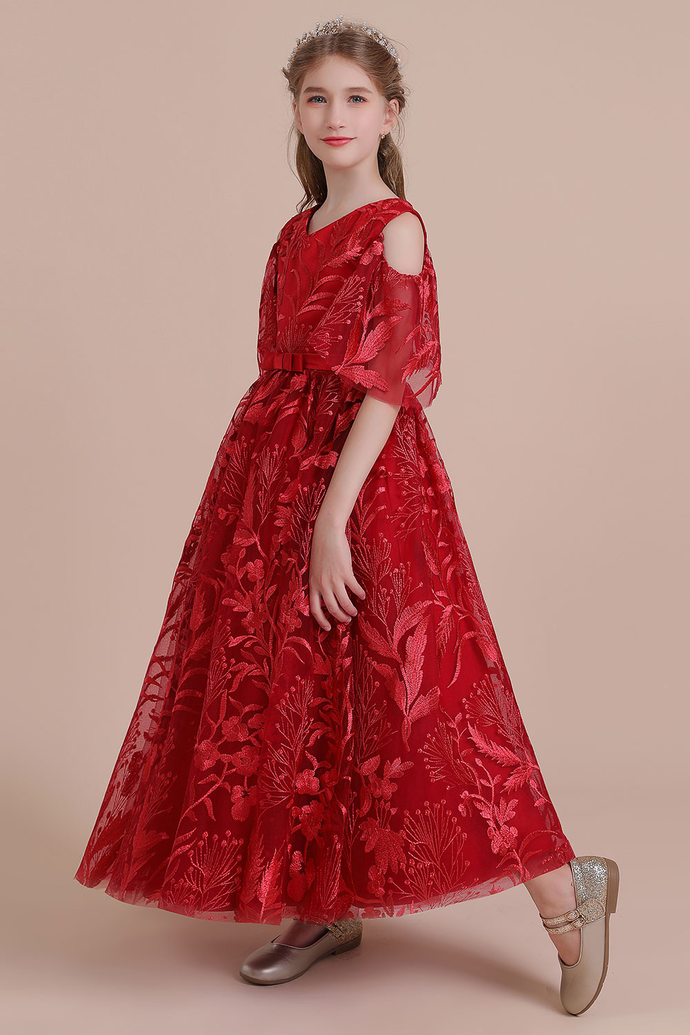 A-line V-neck Half-Sleeves Ankle-length Tulle Flower Girl Dress With Ribbons 3