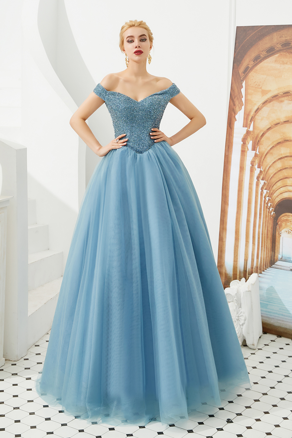 Off-the-shoulder Cap Sleeves Sweep / Brush Train Tulle Formal Dress With Beading 13