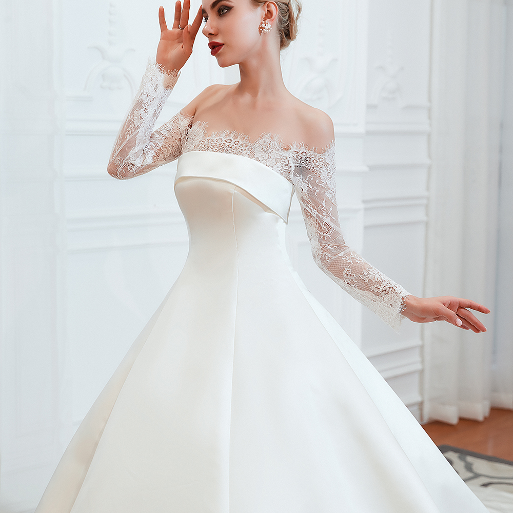Bateau Neck Long Sleeves Cathedral Train Satin Wedding Gown With Lace 16