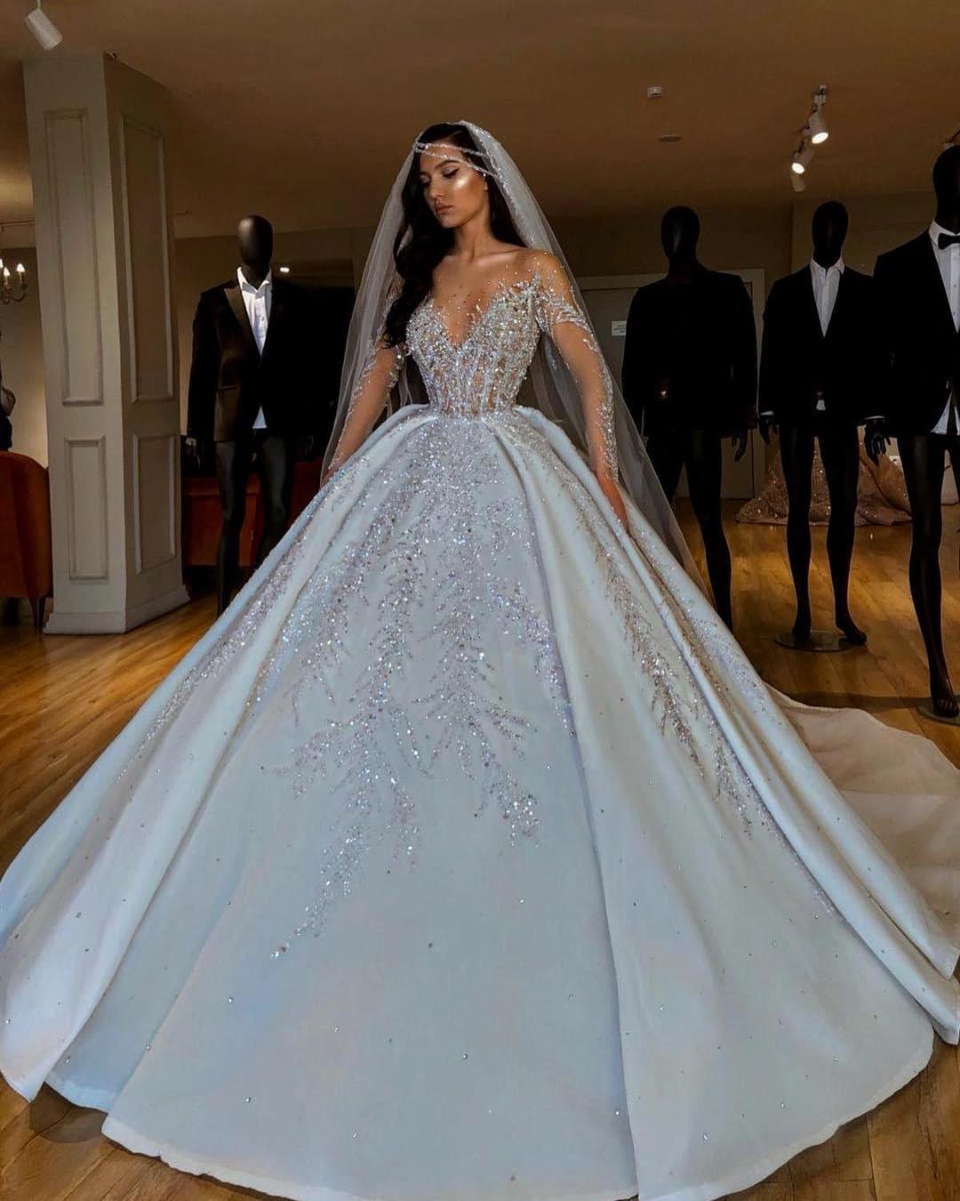Ball Gown Jewel Neck Long Sleeves Cathedral Train Lace Wedding Gown With Crystal 3