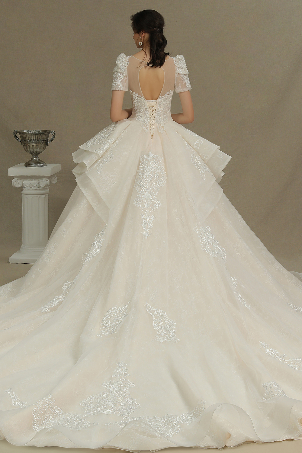 A-line Jewel Neck 3/4-Length Sleeves Floor-length Tulle Wedding Gown With Cathedral Train 7