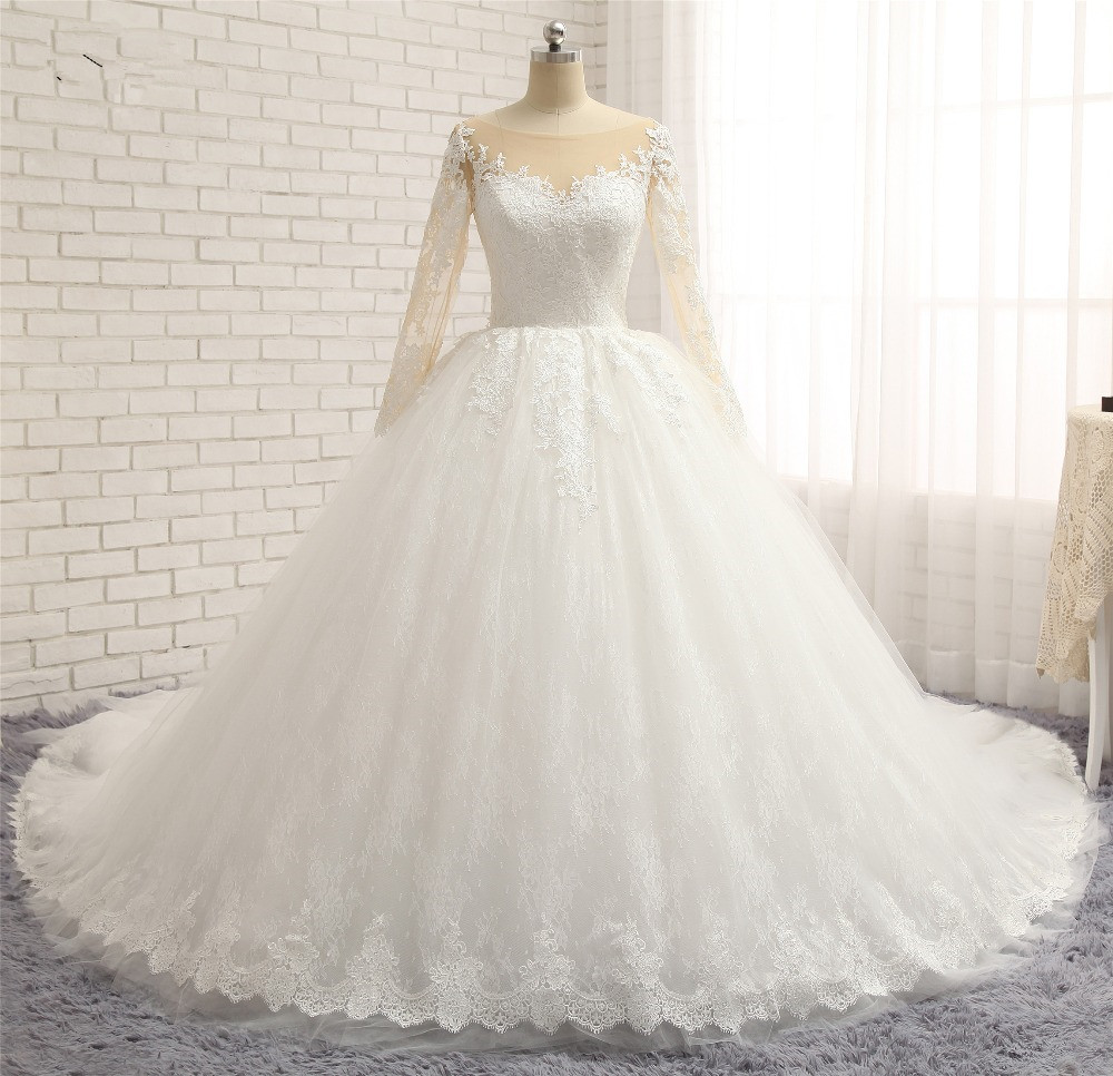 Ball Gown Long Sleeves Floor-length Tulle Bridal Dress With Appliques 6