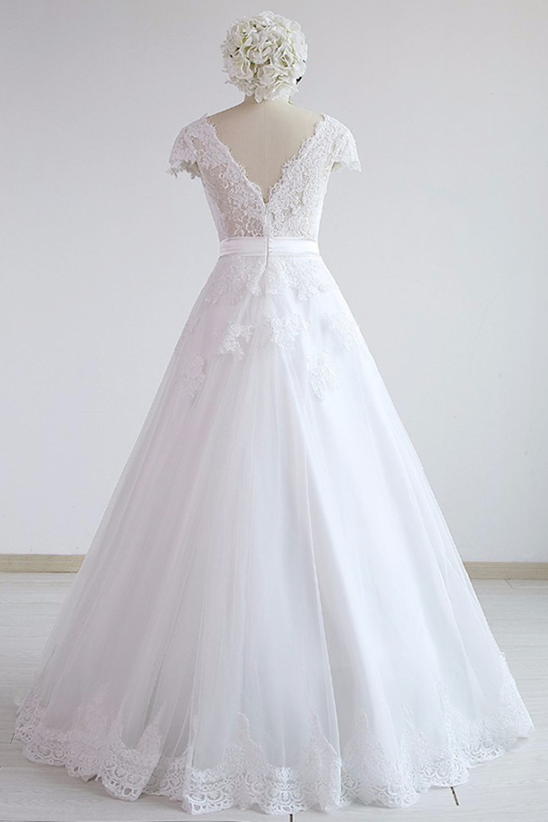 A-line V-neck Half-Sleeves Floor-length Tulle Wedding Dress With Ribbons 2