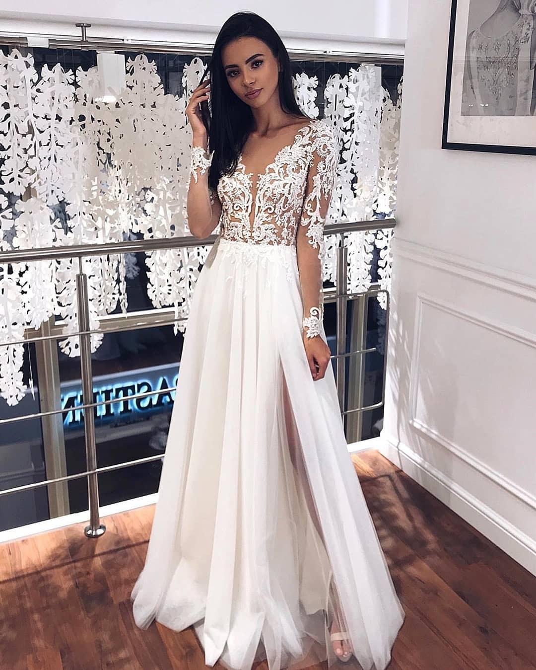 A-line Jewel Neck Long Sleeves Floor-length Lace Wedding Dress With Lace 2