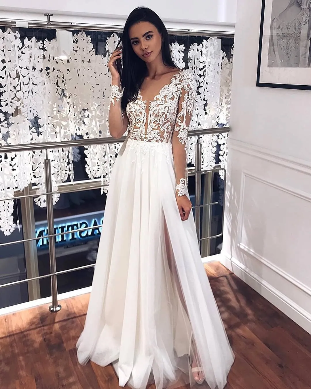 A-line Jewel Neck Long Sleeves Floor-length Lace Wedding Dress With Lace 2