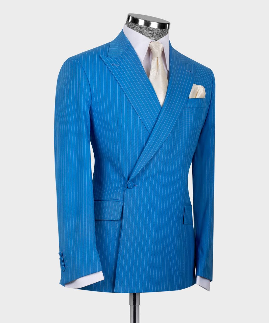 Blue Stripe One Button Slim Fit Business Men Suit 2