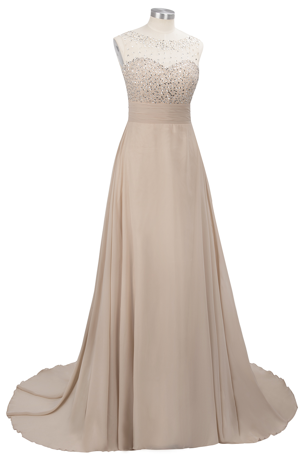 A-line Jewel Neck Sleeveless Court Train 100D Chiffon Evening Dress With Beading 14