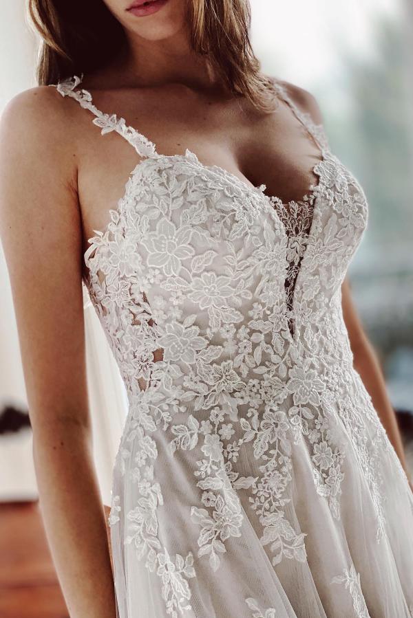 Ethereal Floral Lace A-Line Wedding Gown with High Slit 3