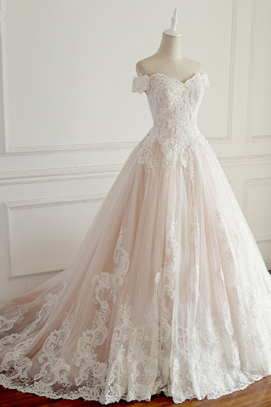 A-line Off-the-shoulder Sweetheart Neck Sleeveless Floor-length Tulle Wedding Dress With Appliques 3