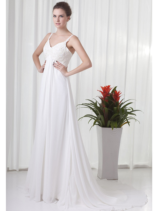 A-line V-neck Sleeveless Court Train Tulle Wedding Dress With Beading 2