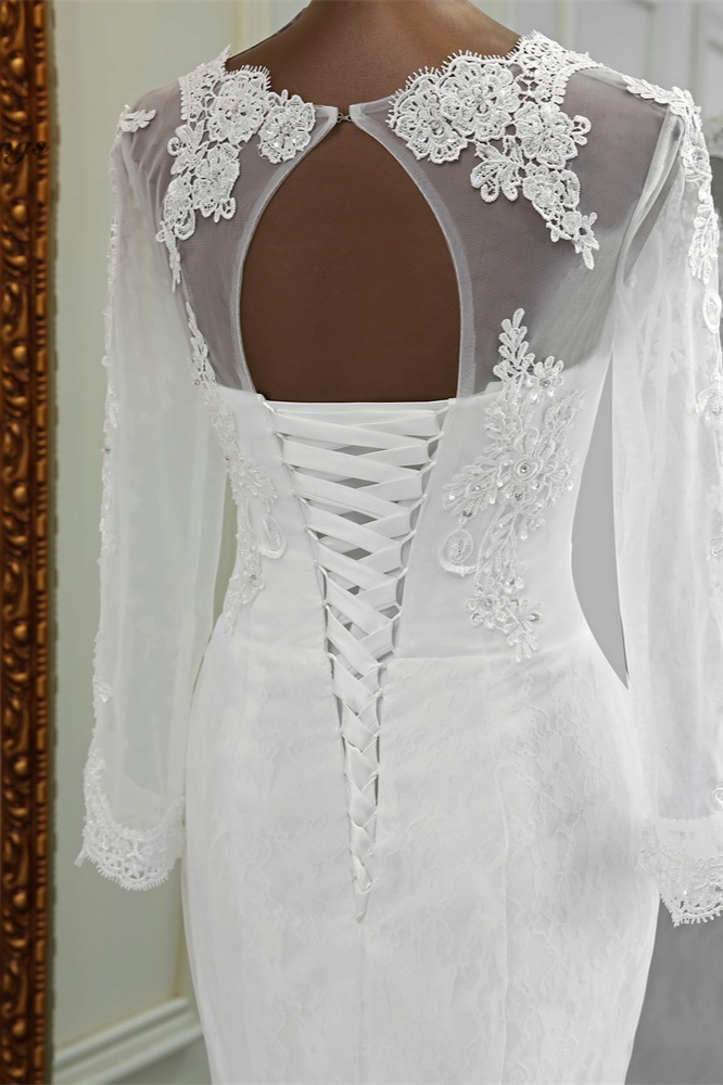 Mermaid Jewel Neck Long Sleeves Floor-length Tulle Wedding Gown With Lace 7