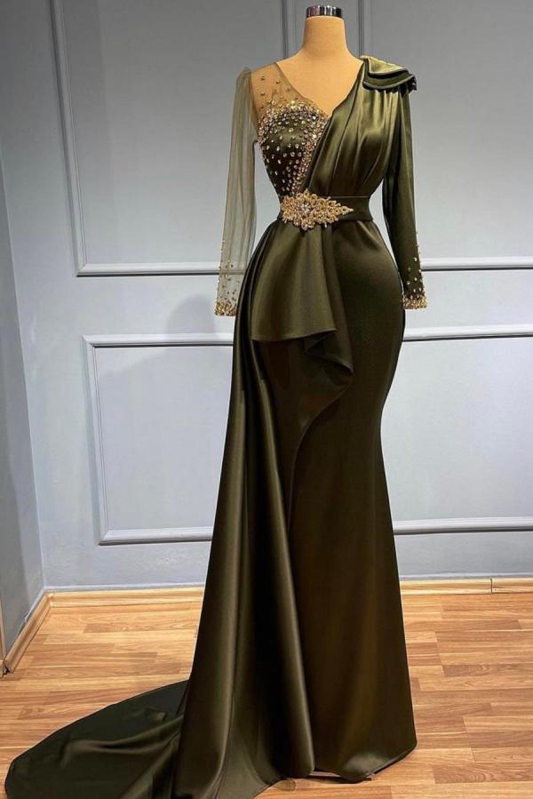 Mermaid V-neck Long Sleeves Floor-length Stretch Satin Evening Dress With Ruffles 1